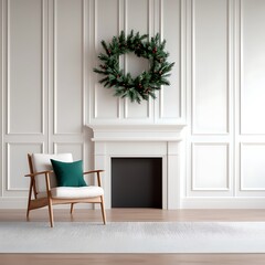 Fototapeta premium Modern Minimalist Living Room with White Walls Fireplace Green Accents and Abstract Rug