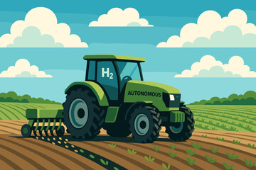 The scene depicts a flat agricultural landscape featuring a tractor, seed pods, and a vast sky