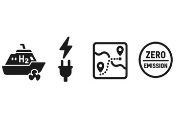 Icons representing a clean marine environment connect a propeller, bolt, map, and seal
