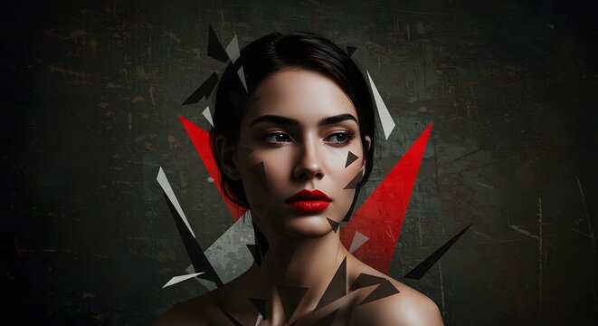Beautiful Woman Portrait with Geometric Abstract Art Background, Red Lips, Dark Hair, Creative Design.