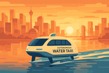 The scene is set with a flat and clean mobility landscape featuring a foil taxi, a warm sunrise glow, IoT beacons lining the skyline, and gentle waves