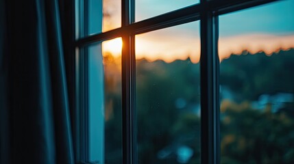 Fototapeta premium Sunset view through a window. A warm sunset peeks through a window, with a soft focus on the out-of-focus trees and buildings