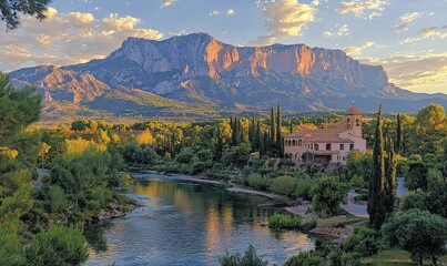 Fototapeta premium Serene sunset view of a river, lush greenery, and a majestic mountain backdrop. A quaint building nestles near the river's edge, adding charm to the landscape