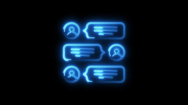 Neon chat bubble animation on black background for social media communication and connection concept