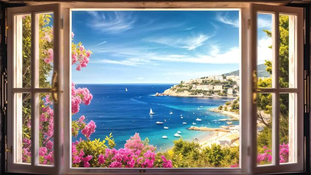 Picturesque Seaside Town View from Open Window with Blooming Flowers: Idyllic Summer Vacation Escape. Dreamy Coastal Scenery, 4K Video.