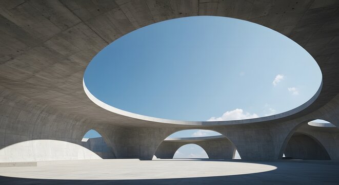 Modern Concrete Architecture Circular Openings, Arches, Sky View, Contemporary Design, Interior, Exterior.