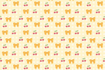 Seamless vector pattern with pink bows and red cherries – cute girly background for fabric, wallpaper, stationery, and digital design