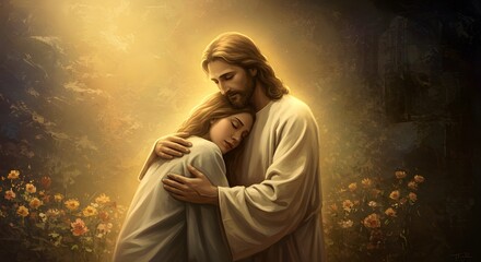 Jesus Christ with woman, compassionate embrace, spiritual comfort, love, faith, Christian art