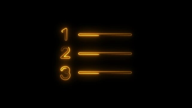 Numbered list neon glowing animation on black background one two three items