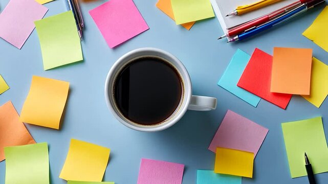 Colorful sticky notes and coffee cup on a light blue surface.