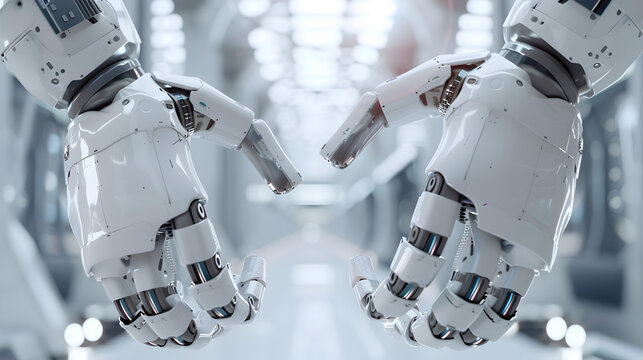 Close up of two white robot hands forming a heart shape in a futuristic setting