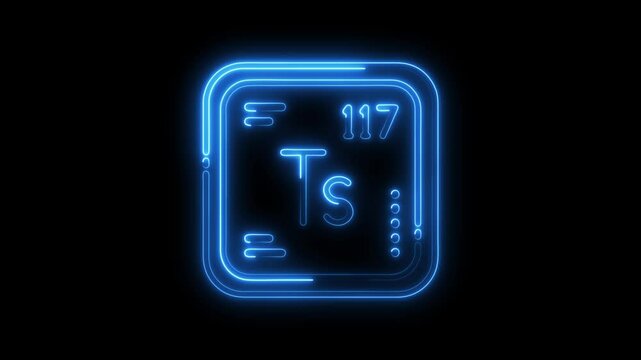 Tennessine element symbol glowing neon style presentation on a black background