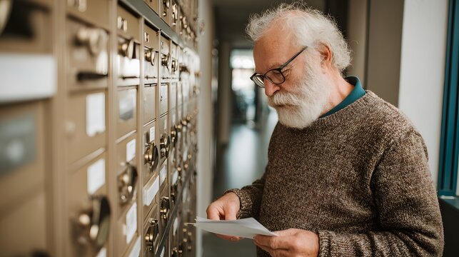 Senior man checks his mail in a wall of mailboxes wearing glasses and a brown sweater in a hallway