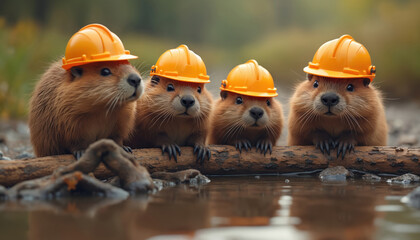 Team of beavers wearing tiny construction hats looking at camera. Orange safety helmets, rodents build sturdy dam, small water pond, forest. Cute animal workers, wildlife, nature, teamwork.