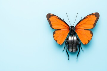 An orange butterfly with mechanical parts for its body is displayed on a light blue background.