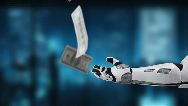 A white robotic hand is depicted reaching out, surrounded by floating dollar bills in a blue-toned background, illustrating the intersection of technology and finance. MZL