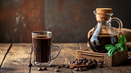 Coffee in clear mug with beans and glass pot on rustic table for morning espresso aroma