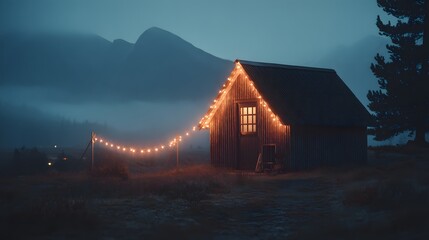 A cozy cabin illuminated by string lights against a backdrop of misty mountains at twilight
