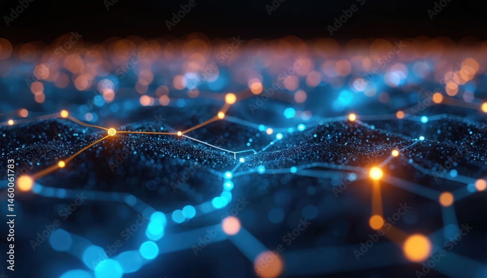 Aufkleber Digital network with glowing nodes, connections, abstract grid pattern. Blue, orange lights on dark background. Modern tech background design for business innovation, science, communication,