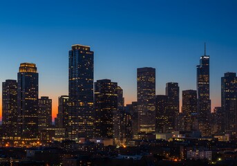 Naklejka premium Horizontal city skyline at dusk featuring modern towers with lights 