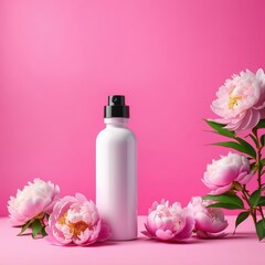 Blank white supplement bottle mockup, pink background, peonies , clean, spring, floral