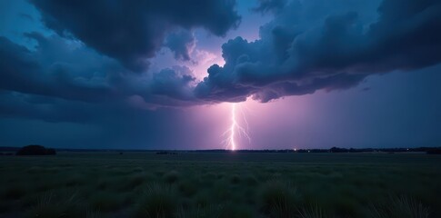 Fototapeta premium Bright flash of lightning across a brooding, dark landscape with gathering storm clouds , cloud formation, flash, atmosphere