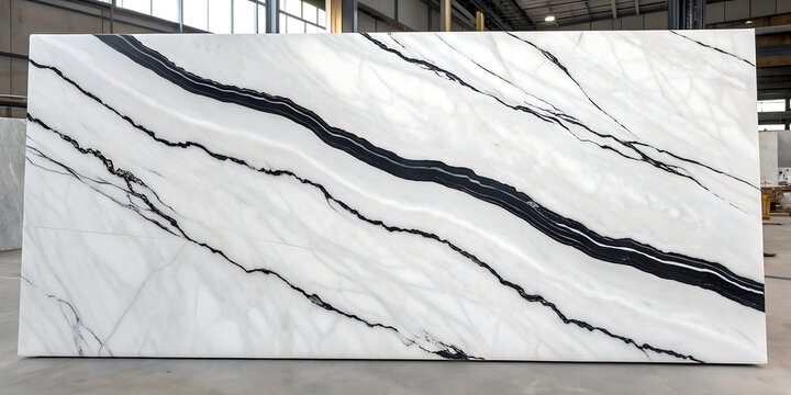 Captivating closeup reveals a striking slab of white marble featuring bold, black veining patterns