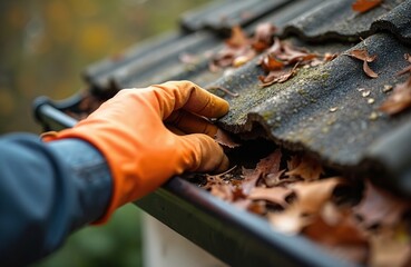 Person in gloves cleans blocked rain gutter. Removing fallen leaves and debris from asbestos roof to prevent water damage problems. Roofer hand working, home exterior maintenance.
