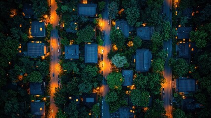 Night aerial view of residential neighborhood.  Houses and streets illuminated. Lush greenery between homes