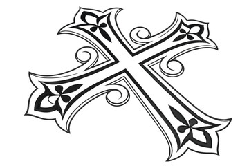 68 Black and white, ornate cross symbol, religious icon, symmetrical design, bold graphic, stylized Christian motif, simplified line art, decorative ends, monochrome illustration, clean vector artwork