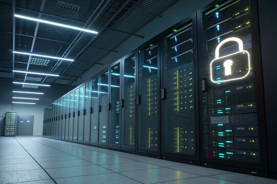 Secure Server Room Data Center with Illuminated Padlock Symbol
