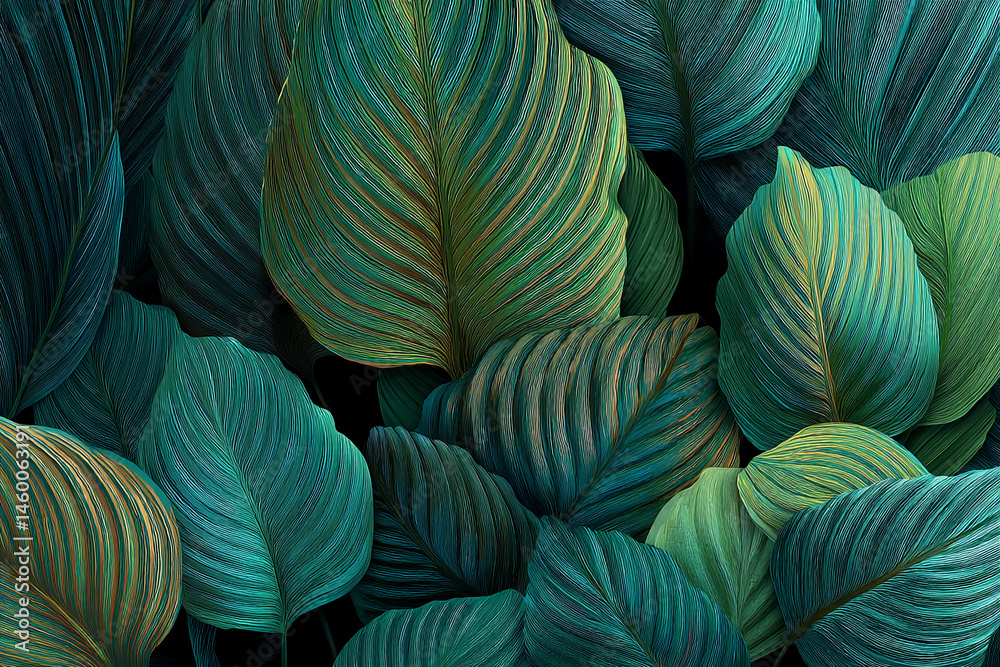Poster Close-up of lush green leaves with visible texture and lines, creating a vibrant and natural appearance symbolizing growth, freshness, and tranquility