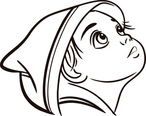 Dreamy Child Gaze Black And White Line Art Illustration For Coloring Books