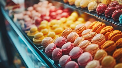 Colorful macarons arranged in bakery display with glass counter in sweet pastry shop scene