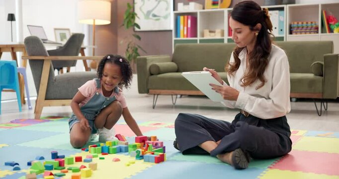 Teaching, child and teacher for assessment in school, creative learning and classroom for growth. Instruction, problem solving or educator testing kid student, checklist and building for solution