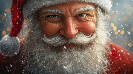 Close-up portrait of a jolly Santa Claus.  Smiling, with snowy backdrop