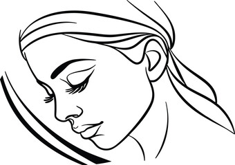 Elegant Woman Portrait In Minimalist Line Art Style Resting With Closed Eyes