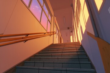 School Stairway at Sunset with Warm Light and Colorful Sky View in Windows Architecture