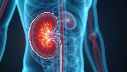 3D illustration of human kidney. Medical organ cross section in body. Focus on internal anatomical structure, renal system disease. Useful medical educational material for clinics, hospitals.