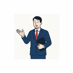 スーツ姿のビジネスマンが説明するポーズのイラスト（フラットスタイル）