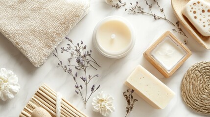 Spa flatlay with towels, soaps and candles in calm natural white background beauty wellness theme