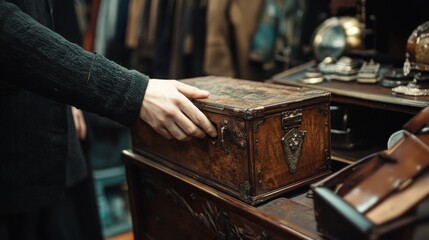 Hand opening vintage box in antique market shop with rustic treasures nostalgic personal memory scene