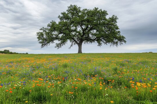 Majestic oak tree stands tall amidst a vibrant wildflower meadow under a cloudy sky