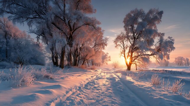 Sunrise paints frosty winter landscape