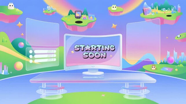 Colorful pastel streaming overlay background featuring a cute "Starting Soon" screen with whimsical landscape, modern gaming desk setup, and soft cartoon-style elements, with three social media colomn