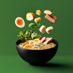Levitating Ramen Bowl Toppings Cascade on Noodles,food photography,asian cuisine