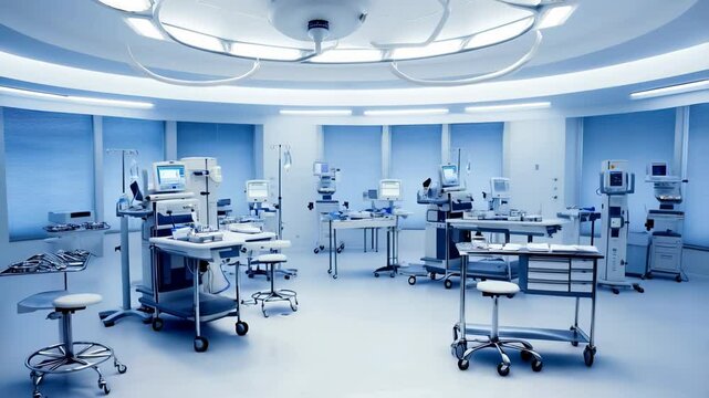 Hospital room with many medical equipment and a large overhead light. The room is very sterile and clean