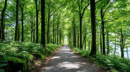 Fototapeta premium Serene Forest Path in Sunlight - A tranquil path winds through a lush forest, sunlight dappling the leaves. Symbolizing peace, nature, journey, exploration, serenity
