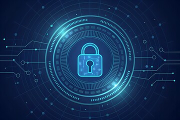 Glowing cyan padlock dominates technology backdrop, surrounded by geometric shapes and circuitry for digital security