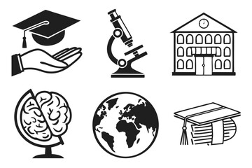 70 Black and white icons, education symbols, graduation cap, brain diagram, world map, microscope, school building, globe in hands, minimalist design, academic clipart, knowledge representation, learn